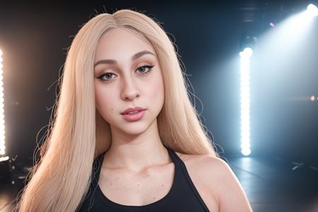 a portrait of DEN_Skylar_Voxe in front of a [plain black background] wearing a black tank top, collarbone, [headshot], [centre frame], looking at the camera, facing the camera,
[shocked Surprised wide eyes mouth open], dynamic lighting, mole above her lip on the right,
photorealistic, high detail, detailed, masterpiece, 8k, highres, flawless, colour, professional