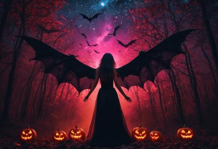 masterpiece, high quality, abstract, angelic woman, wings, screaming, vampire lady, elegant vampire clothes, centered, side view, black silhouette of a girl, (long flowy hair), flowy skirt, red bloody forest background, ((dynamic pose)), night time, dark theme, starry sky, glowing hair, cinematic, vivid colors, ((saturated neon colors)), perfect hands, anzhcdreamwave, aesthetic, Perfect Hands, aurora borealis, ((glowing halloween pumpkins)), ((bats))