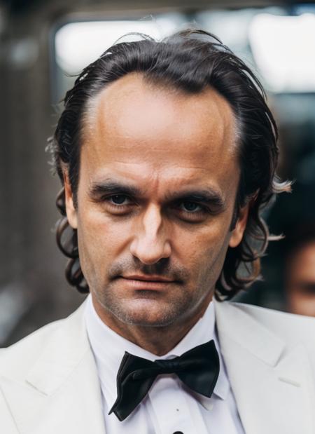 jc1 RAW photo, 1man, (messy hair),  (wearing black suit) (high detailed skin), 8k uhd, dslr, soft lighting, high quality, film grain, Fujifilm XT3, <lora:JohnCazale:.95>