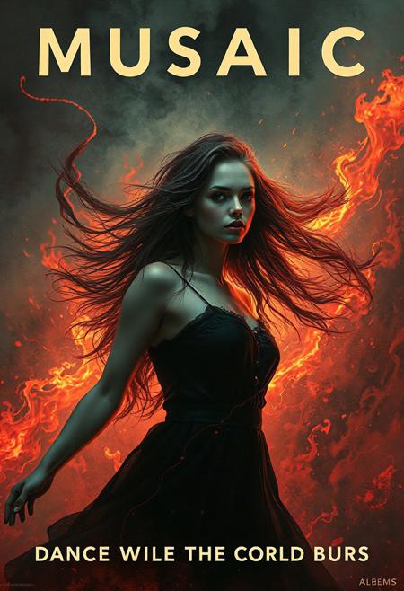 high quality design aesthetics, disco, synth pop, dynamic, detailed, pop album cover, melancholic, beautiful young white woman, artist name "MUSAIC", album title "Dance While The World Burns"