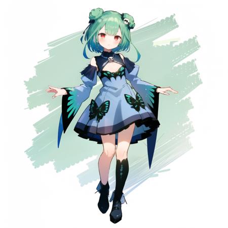 <lora:testbluerushia:1>,  bluerushia, green hair, double bun, red eyes, short hair, blue bow, skull hair ornament, full body,