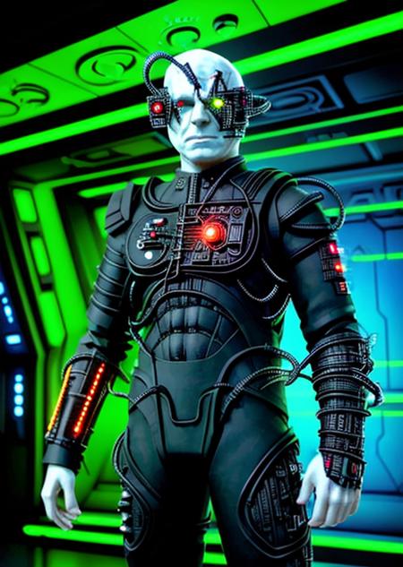 trekborg, a borg man posing for the camera in a dark sci-fi room, laser lights, leds, realistic, detailed, masterpiece