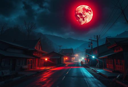 Cinematic photo, Realisti,A remote town called 'Zhiyong Town', with a medium shot composition. At night, the town is covered by a strange light, and all the buildings around it reflect terrifying and strange colors. It's like entering a kaleidoscope world. The skull in the sky replaced the moon with a strange red light, and a pair of black hollow eyes looked at you! Focusing on the center of the road, the artistic style blends dark fantasy and Gothic art, with a sense of painting, emphasizing texture and dramatic lighting.