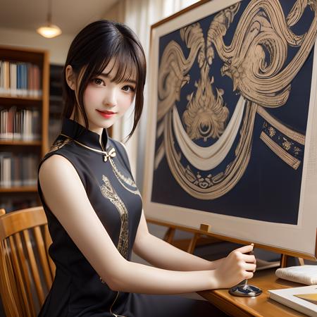 "Realistic style,  masterpiece,  top quality,  intricate,  8K,  HDR,  cinematic lighting,  precise details,  accurate human anatomy,  the entire body in the frame.
A girl and a cat,  the girl wearing a black short dress with many traditional Chinese cultural patterns and designs,  such as motifs and paintings. The dress is natural/flowing/elegant,  with a genuine expression and a smile.
They are seated on a large yellow crescent moon against a dark sky background,  adorned with numerous small star-shaped pixels.",<lora:EMS-12225-EMS:-0.400000>,<lora:EMS-257474-EMS:0.800000>