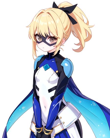 woman, blonde, ponytail, blue and white and gold costume armor, (blue DominoMask:1.3), brown eyes, small breasts, detailed eyes, white backdrop,  <lora:SN DominoMask:1>