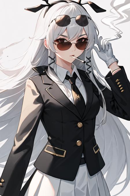 best quality, masterpiece, highres, solo, {black business suit:1.40}, {tie:1.20}, {sunglasses:1.25}, {white gloves:1.15}, {white shirt:1.10}, {black skirt:1.15}, {smoking:1.20}, handsome, {weedy_arknights:1.15}, long_hair, bangs, red_eyes, grey_hair, upper_body, white_hair, very_long_hair, hair_ornament