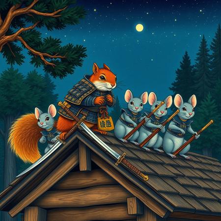 A warm summer night,  a one big squirrel dress like a samurai is a commander of a group of grey mice. All  are standing on the top of a wooden roof of a big wooden cabin in the middle of the forest.  All of them wear a medieval knight armors and hold steel swords. vivid colors, ukiyo-e  style