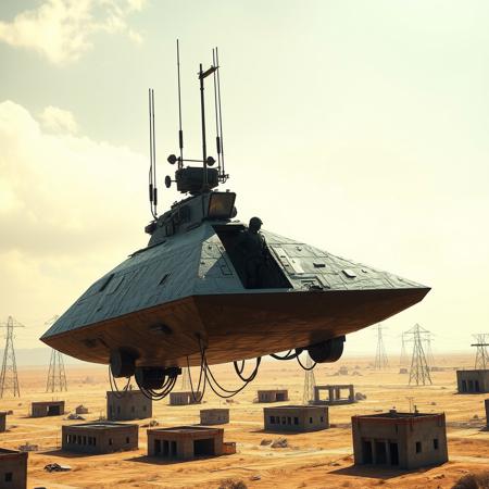 ultra high resolution, masterpiece, best quality, small featureless angular glossy black spacecraft with a rough textured surface hovering low to the ground, underneath the spacecraft are cables hoses and wires, antennas on top, cables hanging from below, rectangular in shape, futuristic world, post apocalyptic landscape, ((low concrete buildings:1.3)) anti gravity, in the atmosphere, sky, clouds, ground visible, hovering, dry, ((dusty)), bleak landscape, parched, bright noon sunlight, square shapes, bleached colors, destroyed industrial buildings, powerlines and towers, concrete foundations, open entrance hatch on spaceship, soldier in dark armored spacesuit, helmet, standing in the well lit entrance,