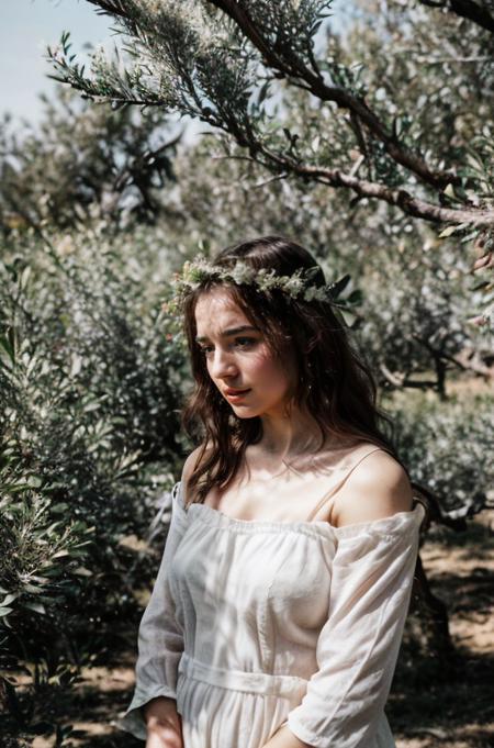 RAW photo,strafed woman in a white dress,((worried and sad)),olive branch on head, olive grove, elegant ancient greek dress, ancient white dress, emilia clarke as a greek goddess, margot robbie as a greek goddess, emma watson as a greek goddess, inspired by Theophanes the Greek, ancient greek style,8k uhd, dslr, soft lighting, high quality, film grain, Fujifilm XT3 <lora:InstantPhotoX3:0.6> <lora:more_details:0.6> <lora:emotions_lora:0.6>
