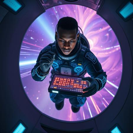 A Black cosmonaut with dark brown skin and close-cropped hair floats weightlessly inside a sleek, futuristic space capsule known as The Black Elevator. He wears a custom black spacesuit adorned with glowing blue circuitry patterns that pulse rhythmically, synced to the music he creates. Suspended in zero gravity, he manipulates a holographic music interface with his gloved hands—each movement generating vibrant soundwaves that ripple through the air like luminous streams of color. His expression is focused yet serene, eyes reflecting distant galaxies visible through the wide, transparent dome above him. Stars streak past as the vessel travels through a tunnel of swirling light and cosmic energy, blending deep purples, electric blues, and radiant golds. The interior of The Black Elevator is minimalistic but sophisticated, with smooth obsidian walls and illuminated panels casting a soft, ambient glow. The camera slowly orbits around him, capturing his fluid motions and the surreal beauty of space-time distortion outside. The scene feels otherworldly and soulful, merging science fiction with a sense of spiritual exploration.
Style: Futuristic sci-fi, Afrofuturism, highly detailed, cinematic
Lighting: Soft interior glow with contrasting vibrant cosmic light outside
Camera: Slow orbiting shot, medium-to-wide framing, focusing on the cosmonaut and the interface interaction.