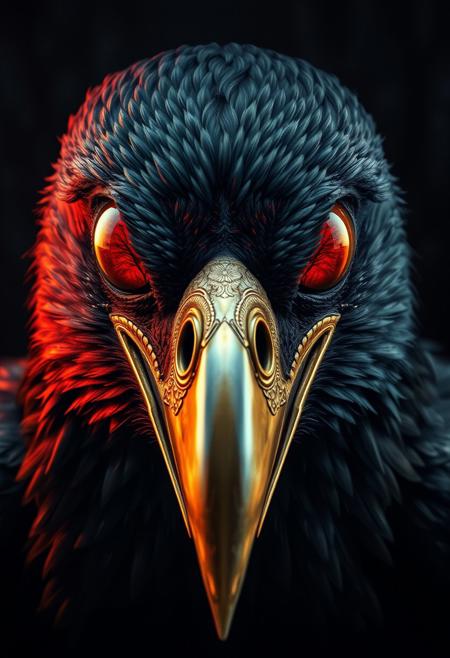 dark fantasy style art, style of molecular, very dark surroundings, muscular raven looking directly at the camera, realistic and authentic feathers, wet feathers, golden ornate detailed beak, shiny beak, in his extremely big and clear eyeballs, bigger eyes, unrealistically huge eyes, closer view on eyes, red scene with a forest burning inside the eye's reflection, UHD, trending on artstation,