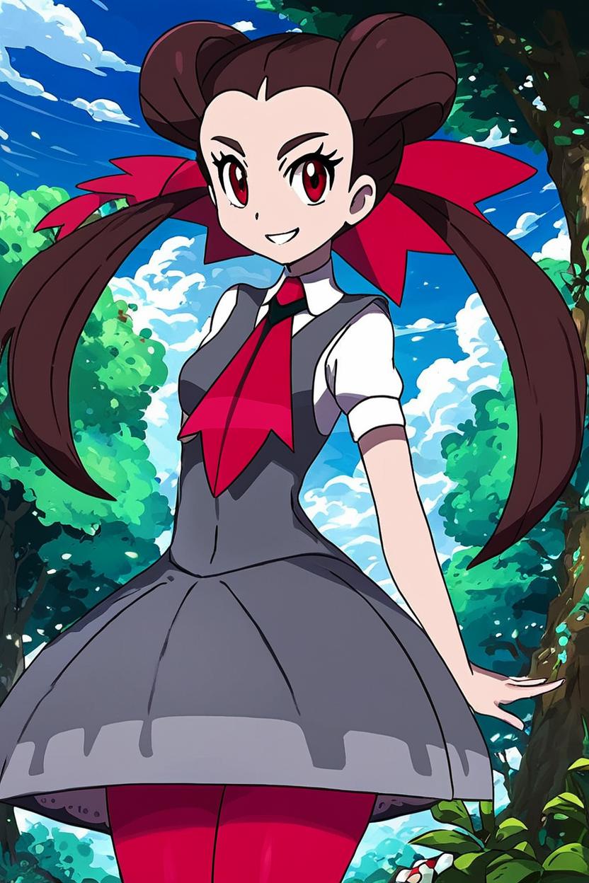 score_9, score_8_up, score_8, medium breasts, (curvy), cute, eyelashes,       BREAK, , ,,,   zzRoxanne, red eyes, long hair, brown hair, twintails, hair pulled back, pantyhose, ascot, grey dress, short sleeves, ribbon, shirt, hair ribbon, <lora:Roxanne_Pokemon_PDXL:1.0>, ,,, , BREAK, smile, looking at viewer, cowboy shot, ,,, outdoors, sky, day, cloud, tree, blue sky, sunny,  ,,, Expressiveh, ,,, <lora:Alola_Style_PDXL:0.8>, <lora:Expressive_H-000001:0.4>,