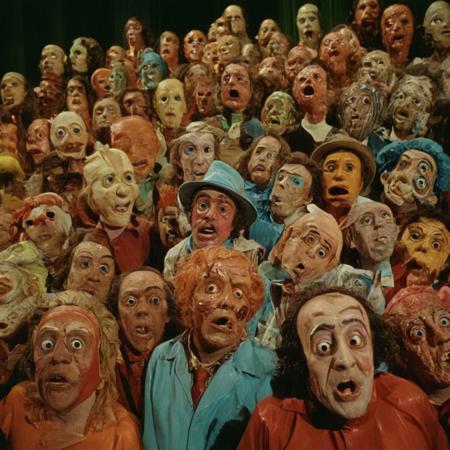 a surreal and movie still close-up-shot, a 1970s Sao Paulo Brazil Theater of the Absurd movement, featuring distorted and exaggerated characters, wearing stretched plastic polymer masks, in a bizarre and hallucinogenic theatre set, with vibrant and contrasting colors, dynamic composition, dramatic surreal theatrical lighting, Leica M3, 50mm lens