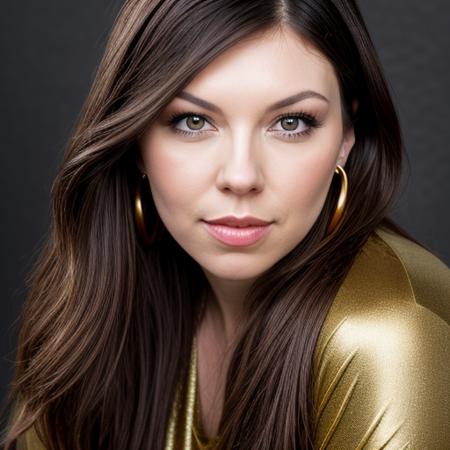 a Realistic portrait of a laura prepon woman with brown eyes and long brown Hair style, looking at the viewer, detailed face, detailed eyes, perfect slim body, modelshoot style, hand on own shoulder, wearing a dress with long sleeves, wearing gold earrings and jewelry, soft lighting, professional Photography, Photorealistic, detailed, standing in a dark Studio Room background, blurred background, RAW, analog, sharp focus, 8k, HD, DSLR, high quality, Fujifilm XT3, film grain, award winning, masterpiece  <lora:laura prepon v1.2:1>