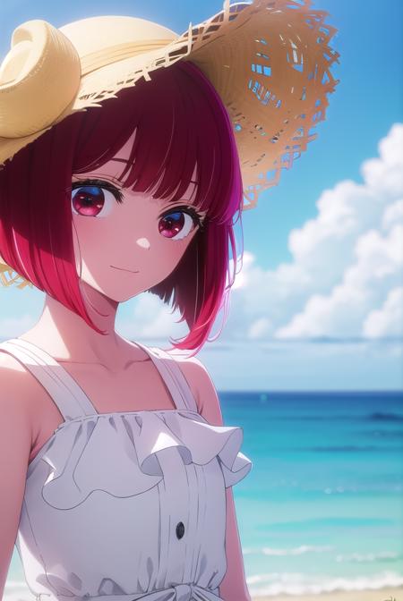 kanaarima, <lora:kana arima s1-lora-nochekaiser:1>,
kana arima, short hair, bangs, (red eyes:1.3), red hair, bob cut, smile,
BREAK hat, dress, ribbon, sleeveless, white dress, sleeveless dress, white headwear, sun hat, sundress,
BREAK outdoors, ocean, beach, sun, sky, clouds, day,
BREAK looking at viewer, (cowboy shot:1.5),
BREAK <lyco:GoodHands-beta2:1>, (masterpiece:1.2), best quality, high resolution, unity 8k wallpaper, (illustration:0.8), (beautiful detailed eyes:1.6), extremely detailed face, perfect lighting, extremely detailed CG, (perfect hands, perfect anatomy),