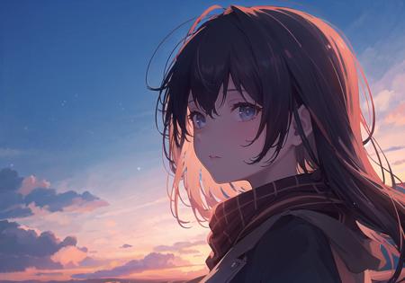 1girl, sunset, blue sky,