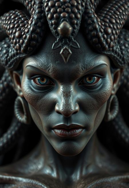 Medium shot of Medusa, beautiful, dramatic, (masterpiece, best quality, high quality), hyperdetailed, highres, intricate detail, HDR, 8k, sharp focus, realistic eyes, detailed skin texture, subsurface scattering, realistic, dark, photorealistic,