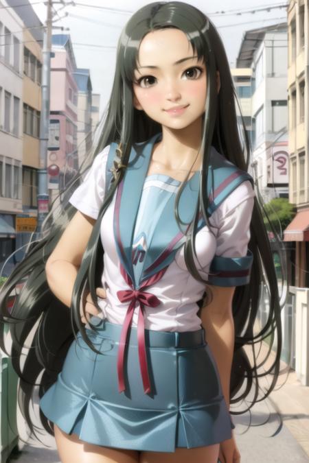 <lora:Tsuruya_V1.4:1> tsuruya, school uniform, 1girl, kita high school uniform, blue skirt, (realistic:1.3), fine fabric emphasis,