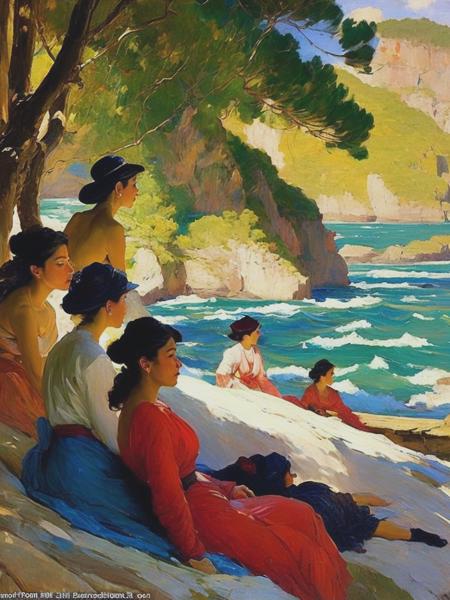 <lyco:LovisCorinth:1.0> a thick impasto oil painting, quickly rendered, that depicts a view along a vast, deep river canyon and several beautiful Asian women resting in a bay with several trees by both Frank Brangwyn and John Singer Sargent