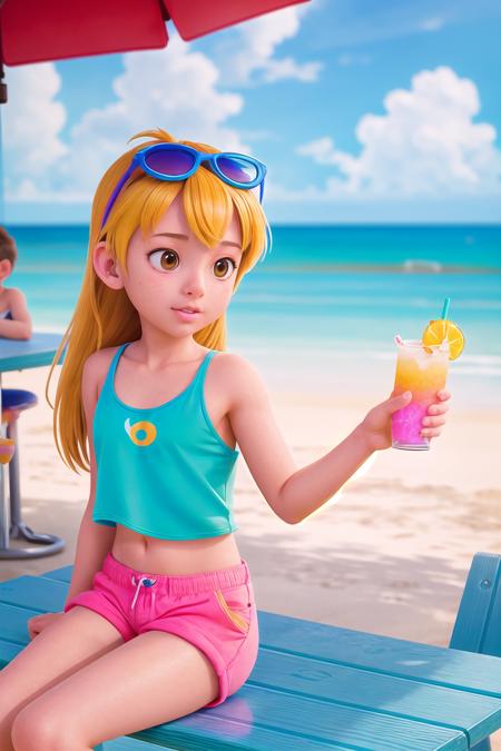 AS-Young slim girl on a beach boardwalk cafe sitting at the table wearing a tanktop shorts sneakers fruity drinks tropical beach beautiful cloudy sky bright sunny day
(masterpiece:1.2) (photorealistic:1.2) (bokeh) (best quality) (detailed skin) (intricate details) (8k) (high poly) (ray tracing) (cinematic lighting) (sharp focus)