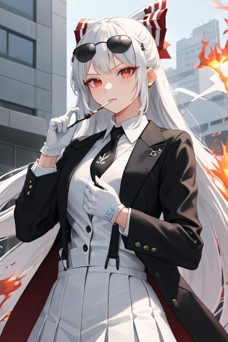 best quality, masterpiece, highres, solo, {black business suit:1.40}, {tie:1.20}, {sunglasses:1.25}, {white gloves:1.15}, {white shirt:1.10}, {black skirt:1.15}, {smoking:1.20}, handsome, {fujiwara_no_mokou_touhou:1.15}, long_hair, bow, hair_bow, red_eyes, white_hair, suspenders, very_long_hair, bangs, white_bow, fire, hair_ribbon