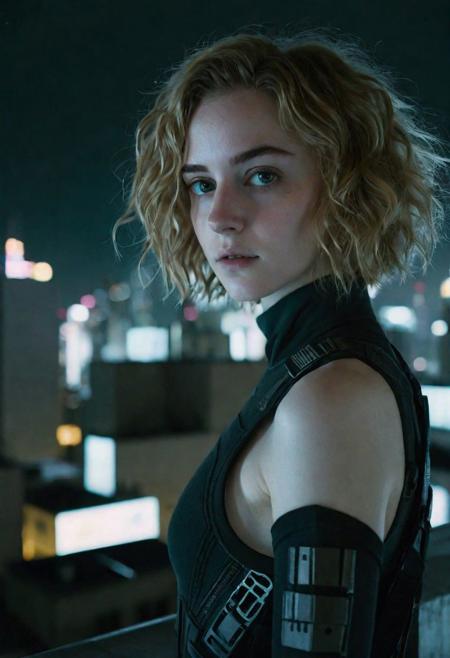 cyborg young woman, dark cyberpunk, highly detailed face, pale fragile delicate body, frizzy bob cut hair, (stylish haircut:0.9), posing in a tight stylish minimalistic futuristic open black hi-tech techwear lignerie with a few symmetrical cutouts, subtle cyberware, standing on a cyberpunk Japanese city rooftop at night, scenic view, cinematic scene, cinematic lighting, analog-style photo, grainy amateur lo-fi portrait photo, desaturated colors, (low contrast), distracted, b-cup breasts, eyeliner, (eyeshadow:1.1), shy, blushing, raw photo, phone photo, 3/4, (upper body portrait shot), medium shot, accidental art, candid, crisp image, high detail, (eyebags:0.8), (chromatic aberration)