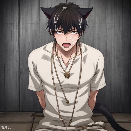 1boy, nsfw,1boy,cum,cum on chest,down nude,cum on face,masterpiece,((best quality)),CG,ultra detailed,high saturation,detail eyes,detail face, male focus, cat ears, miqo'te,cat tail,solo,rope, shibari, solo,jewelry, black hair, bound, necklace, looking at viewer, bondage, bdsm, sitting, shibari over clothes, shirt, shorts, open mouth, anime coloring, arms behind back,cum on face