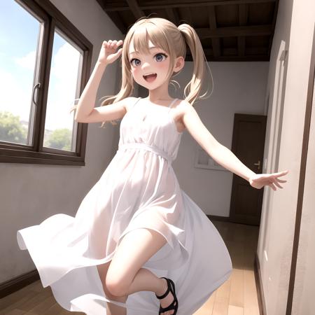 best quality, highly detailed, girl, pigtails, long hair, long dress, excited, jumping, hand up, cheerful, indoors, windows, bright