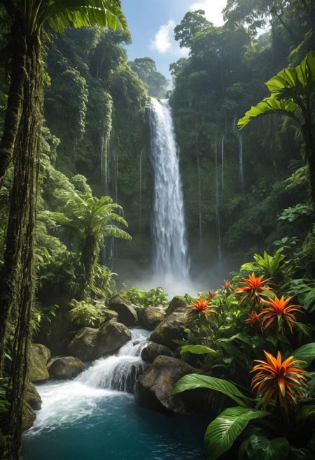 Create a stunning landscape featuring a waterfall in South America. The scene should capture the lush greenery of the surrounding jungle, with vibrant tropical plants and flowers. Include dramatic rock formations framing the waterfall, and the cascading water should reflect the sunlight, creating sparkling highlights. The atmosphere should be serene and inviting, with a hint of mist rising from the base of the waterfall, and a clear blue sky in the background.