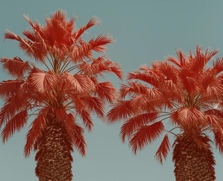 there is a red palm tree with a blue sky in the background, an album cover by Filip Hodas, shutterstock contest winner, aestheticism, a palm tree, palm tree, palmtrees,  <lora:Redia_yiu_v10:0.7>