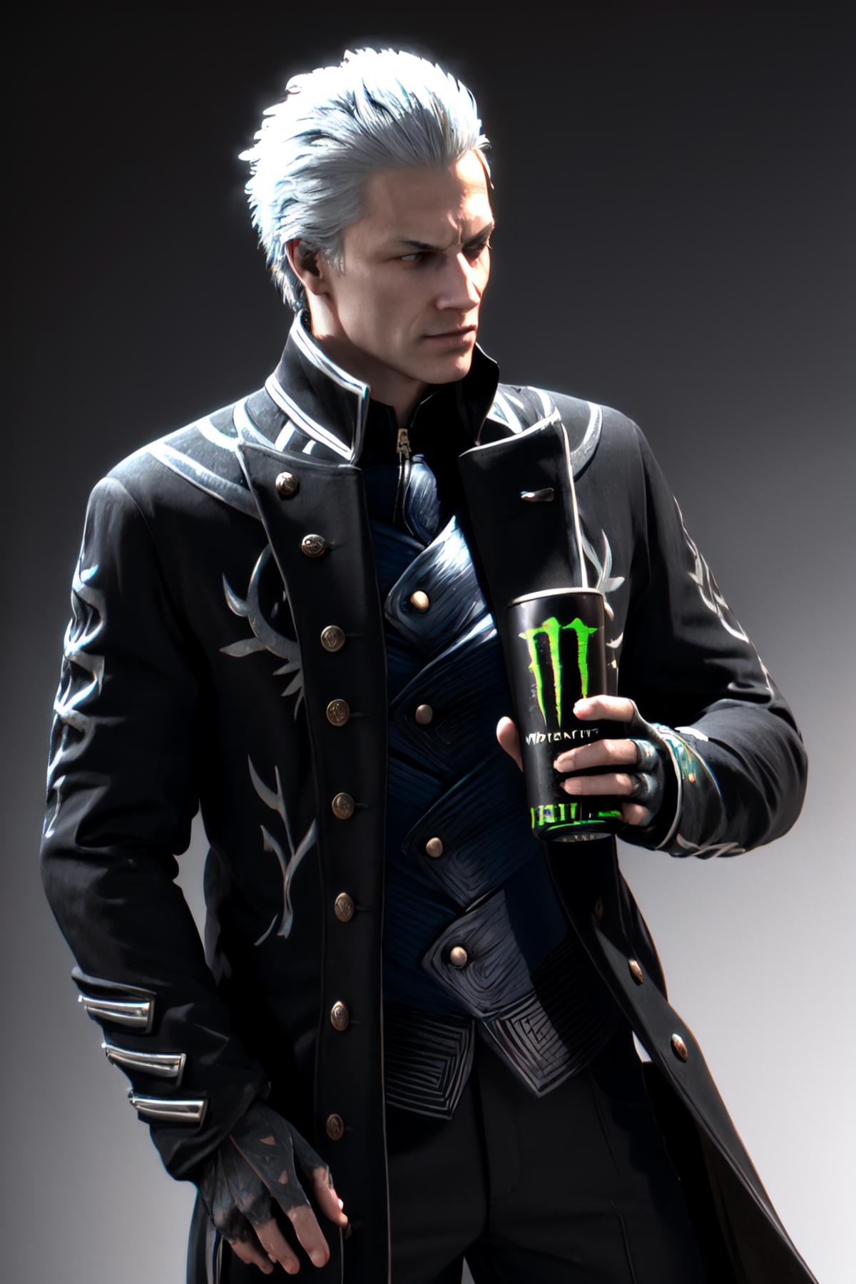 A man dressed in a black jacket with a Monster energy drink in his hand.