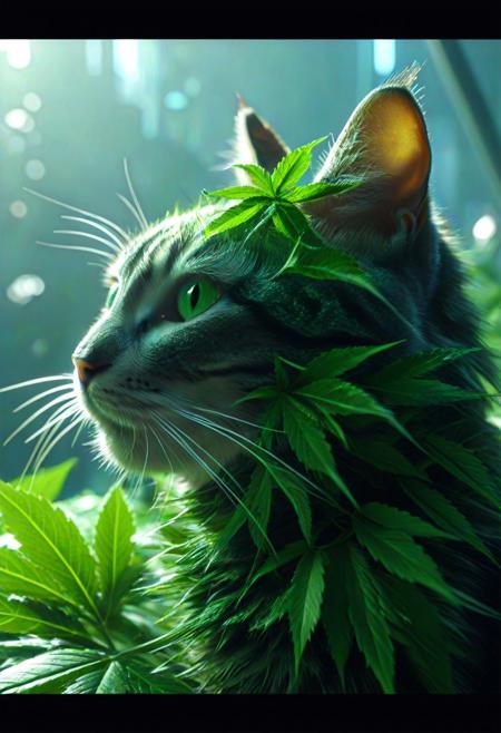 420futurism, closeup shot, from side, cat made of leaves, green leaves, cinematic, cinematic lighting, (masterpiece, best quality:1.4), ultra-high res, 4k, Photorealistic, insanely detailed, sfw,