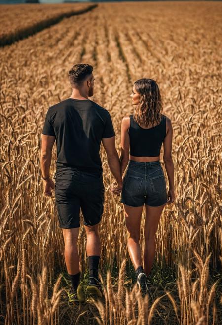 A couple in love of 30 years old, 
tanned, 
in black shorts, 
with a bare torso, 
stands in the middle of a wheat field on a bright day of a hot summer day, 
ultra detailed ultra HD, 
Canon EOS R6 Mark II, 
award-winning, 
Professional, 
8k, 
stylize 1000, 
chaos 1000, 
perfect composition, 
beautiful detailed intricate insanely detailed octane render, 
8 k artistic photography, 
epic royal background, 
big royal uncropped crown, 
royal jewelry, 
robotic, 
nature, 
full shot, 
symmetrical, 
Greg Rutkowski, 
Charlie Bowater, 
Beeple, 
Unreal 5, 
hyperrealistic, 
dynamic lighting, 
fantasy art