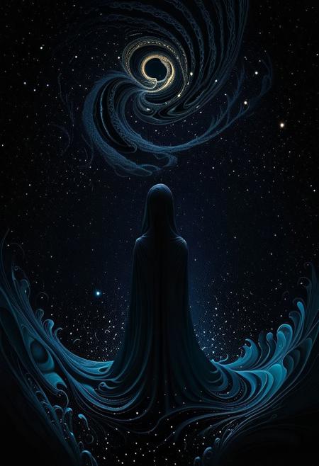 A hauntingly immersive feeling of aetheric melancholy swirls in depths of a cosmic void, where shadows converge in a symphony of obsidian hues. The main subject is a mysterious figure shrouded in darkness, exuding an aura of profound sorrow and enigmatic allure. This digital painting evokes a sense of otherworldly beauty, rendered with intricate details and rich textures that seem almost palpable. The transcendent quality of the image transports viewers to a realm of profound introspection and mystery.