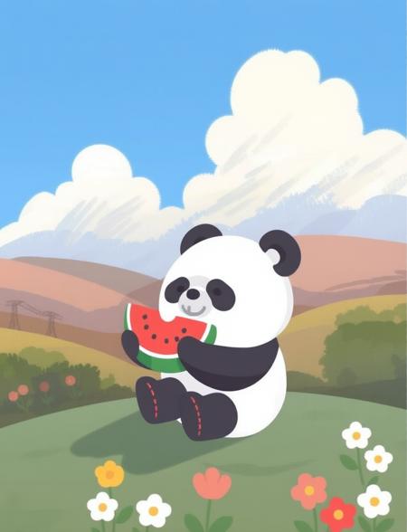 This image is a whimsical illustration featuring a cute chibi panda eating watermelon on the hills, the weather is sunny, the sky is blue with some beautiful soft clouds, some flowers and trees around