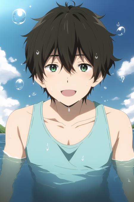 oreki houtarou, 1boy, male focus, brown hair, green eyes, wet, water drop, air bubble, water, open mouth, smile, bubble