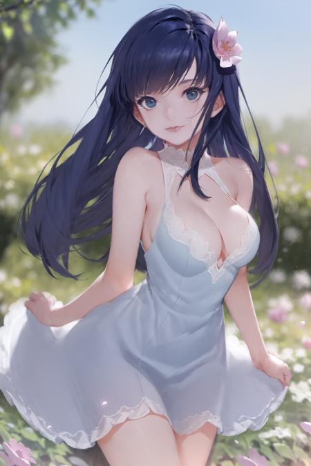 Delicate Composition, hyper detailed, best quality,
blurry foreground,
dynamic view, 1 girl, (seductive smile:0.6),solo, breasts, thighhighs, dark blue hair, hime cut, 
beautiful detailed garden, fluttered detailed petal, grow, <lora:SilvermoonMix04_2:1>