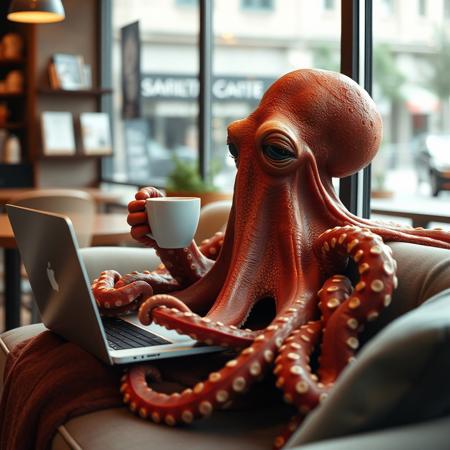 a very detailed close picture of an octopus siting on a sofa ina coffe store and working on a macbook while drinking a cofee