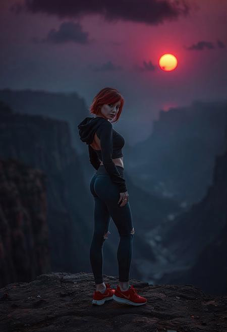professional photography, perfect timing, perfect quality, 16k, very detailed, highly detailed, realistic,  dark theme, photorealistic, scinematic, Volumetric lighting, depth of field, cinematic, vibrant, dynamic dark lighting, Atmospheric effects, bokeh, dark, low-key, 
a slim woman, on the ground, silhouette, muscle body, tight body, tight ass, tight legs, short red hair, nail_polish, red sneakers, black hoody, blue torn leggings, yellow eyes, dreaming look, light tan, silhouette, showing back, on the ground, on a mountain, dark red evening, red glowing fog in the canyon, cliff, red dim glowing sun, some small fine dark clouds, mountain,