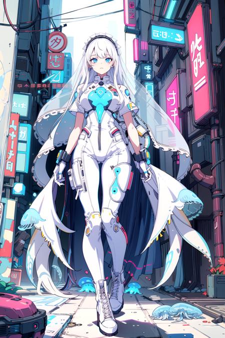 1girl, jellyfish girl, white leather tight clothes, veil, lace, white combat boots, white hair, blue eyes, long hair, cyberpunk, outdoors, white buildings, Cyberpop, <lora:Cyberpop:0.7>