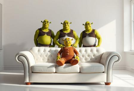 A vibrant, well-lit room entirely in white where five Shreks of different heights and widths stand behind a classic white sofa. On the sofa, a life-sized Gingerbread Man from the Shrek movies sits with a comically surprised expression, reminiscent of the 'white girl on couch' meme. The Shreks should be shirtless, standing in their iconic green skin, with some variation in their expressions for added humor. The Gingerbread Man should have detailed icing and candy decorations, emphasizing his surprise. The overall scene should capture the humor and surrealism of the original meme, with a focus on the stark contrast of the characters against the white backdrop.