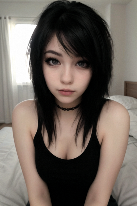 vintage instagram photo, The background shows a cozy bedroom with warm, muted tones. young girl, reaching out, selfie, r/EmoStyle, 18 year old girl, Caucasian, long black hair, dark eyemakeup, r/nudeselfie, emo reddit, best quality, best aesthetic, poofy hair, eyeliner, emo, emo makeup, goth, white skin, round face, scene, eyeliner, beautiful eyes, (teenage), youthful, doe eyes, original photo, natural lighting, full body, simple e girl makeup reddit, egirl reddit, an upturned nose, <lora:sanxyra:0.25>  <lora:picxer_real:0.15>  <lora:scene:0.35> <lora:emo_hairstyle:0.25> emo_hairstyle, spaghetti strap tank top, large breasts, curvy, cute lips