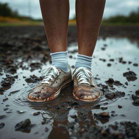 professional photo, (high detail), cloudy day
BREAK
woman-standing-in-wet-muddy-puddle, dark-brown, mud, white socks, socks and sneakers-dripping-with-mud, wet-sneakers, sneaker-under-mud
 (((white-canvas-Vans-sneakers))), ((((White canvas-sneakers))))
BREAK
(realistic:1.2),(seductive:1.25), (((visible full body, visible sneakers, detailed sneakers)))