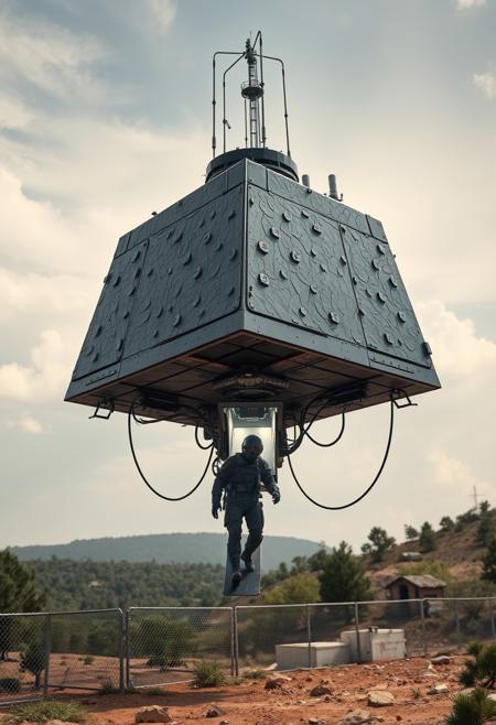 ultra high resolution, masterpiece, best quality, small featureless angular glossy black spacecraft with a heavily textured surface hovering low to the ground, underneath the spacecraft are cables hoses and wires, antennas on top, cables hanging from below, rectangular in shape, futuristic world, post apocalyptic landscape, anti gravity, in the atmosphere, sky, clouds, ground visible, hovering,  green trees and hills, rocky outcroppings, small buildings, chain link fence, small open entrance ramp at the lower edge of spacecraft, soldier in dark armored spacesuit debarking from brightly backlit entrance,