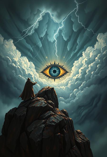 A dark fantasy illustration portraying a robed sorcerer standing atop a craggy cliff, summoning a massive, glowing eye symbol in the storm-filled sky above. The scene is rendered in intricate detail, with swirling clouds, crackling lightning, and a dramatic interplay of light and shadow adding to the awe-inspiring intensity.
( oil painting art style, monet style, monet style, painting, palette knives painting, impasto painting, canvas texture, (( Oil painting effect )), oil painting brush, oil painting style, brush stroke, monet style, oil painting detailers ), canvas, brush, palette, pigment, oil, varnish, texture, impasto, glazing, underpainting, still life, Renaissance, Baroque, Impressionism, modern art, contemporary art, fine art, visual art, and art history., ( simmering, sparkling, splendid, ultra-detailed, 4K, depth of field, high resolution, (( Masterpiece, best quality )), sharp focus, highly detailed, ultra high resolution, perfect fingers, ) ., midjourney style