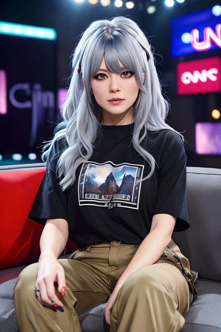 photo of (fukicommune:0.99), a woman as a sexy rock singer, (being interviewed on tv), (in a CNN tv studio), (wearing an emo rock outfit:1.1), (black top with a logo), (white hair), (doing a peace sign with her hands), modelshoot style, (extremely detailed CG unity 8k wallpaper), photo of the most beautiful artwork in the world, professional majestic oil painting by Ed Blinkey, Atey Ghailan, Studio Ghibli, by Jeremy Mann, Greg Manchess, Antonio Moro, trending on ArtStation, trending on CGSociety, Intricate, High Detail, (Sharp focus:1.1), dramatic, photorealistic painting art by midjourney and greg rutkowski, (trousers), ((looking at viewer:1.2)), (detailed pupils:1.3), (extremely sexy:1.2)