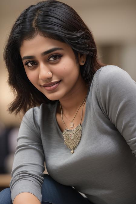 photo of beautiful (priyapvarrier:0.99), a woman, (sfw tight fashion shirt:1.2), (long jeans), in a department store, natural light, (masterpiece:1.2) (photorealistic:1.2) (best quality) (detailed skin:1.2) (intricate details) (8k) (HDR) (cinematic lighting) (sharp focus), (looking at the camera:1.1), ((closeup portrait:1.3)), (smile512), ((necklace))