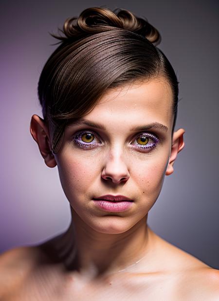 portrait of skswoman, stubborn , wearing satin , with Asymmetrical haircut , background bathroom epic (photo, studio lighting, hard light, sony a7, 50 mm, matte skin, pores, colors, hyperdetailed, hyperrealistic), <lyco:Millie Bobby Brown:1.2>