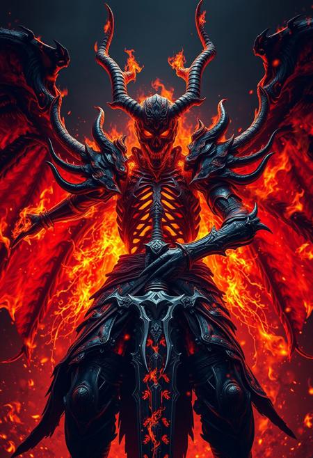 ultra-realism, dark high octane hyper-fantasy, insanely detailed, Demonic, pure power, pandemonium, tainted viking warrior, hollow, full_hollow_form, espada, , vasto Lorde, full hollow, dark, deranged, death knight, bursting energy inferno, Fractal patterned flames, leaking power, agony, pain, mania, bloodlust, primal evil magic, Norse berserker, Shinigami, manic murderer, bloodlust, transform, hellfire, orange+white hottest flame, molten petrified armored skin, skeletal brimstone exoshell, darkness within, deathly vivid details and vibrant colorful highlights, high dynamic range 32k high-resolution, horror, from front, sword focus,