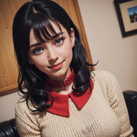 solo, photorealistic, best quality, ultra high res, long curly black hair, big blue eyes, cheerful expression, curvy figure,((((red collar)))),sweater beautiful, masterpiece, best quality, extremely detailed face, perfect lighting, solo,1girl, best quality, ultra high res, photorealistic, ultra detailed, masterpiece, best quality, suzy1